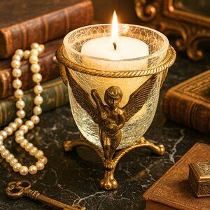 Vintage 3 Leg Brass Cherubs Cupid  Pedestal Stand With Crackle Glass Bowl